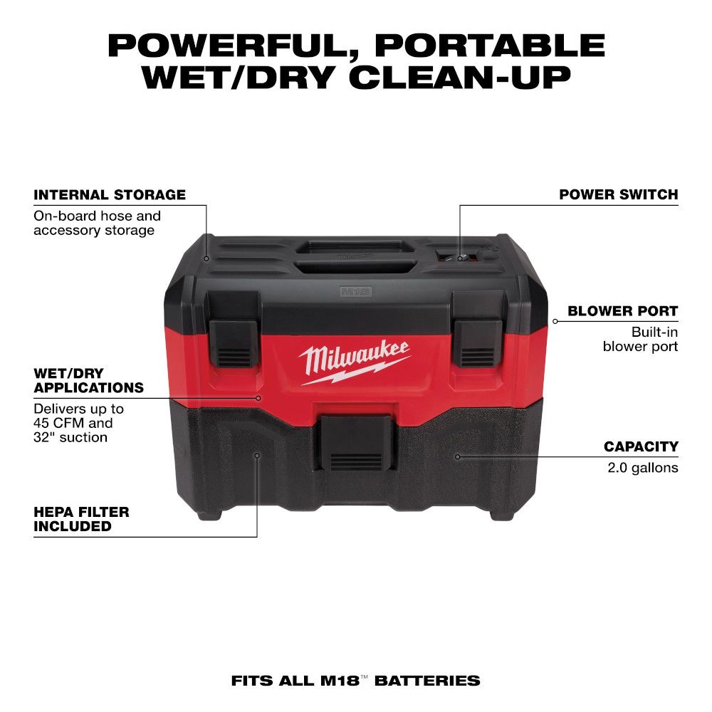 Milwaukee M18 18 Volt Lithium-Ion Cordless 2-Gallon Wet/Dry Vacuum - Tool Only