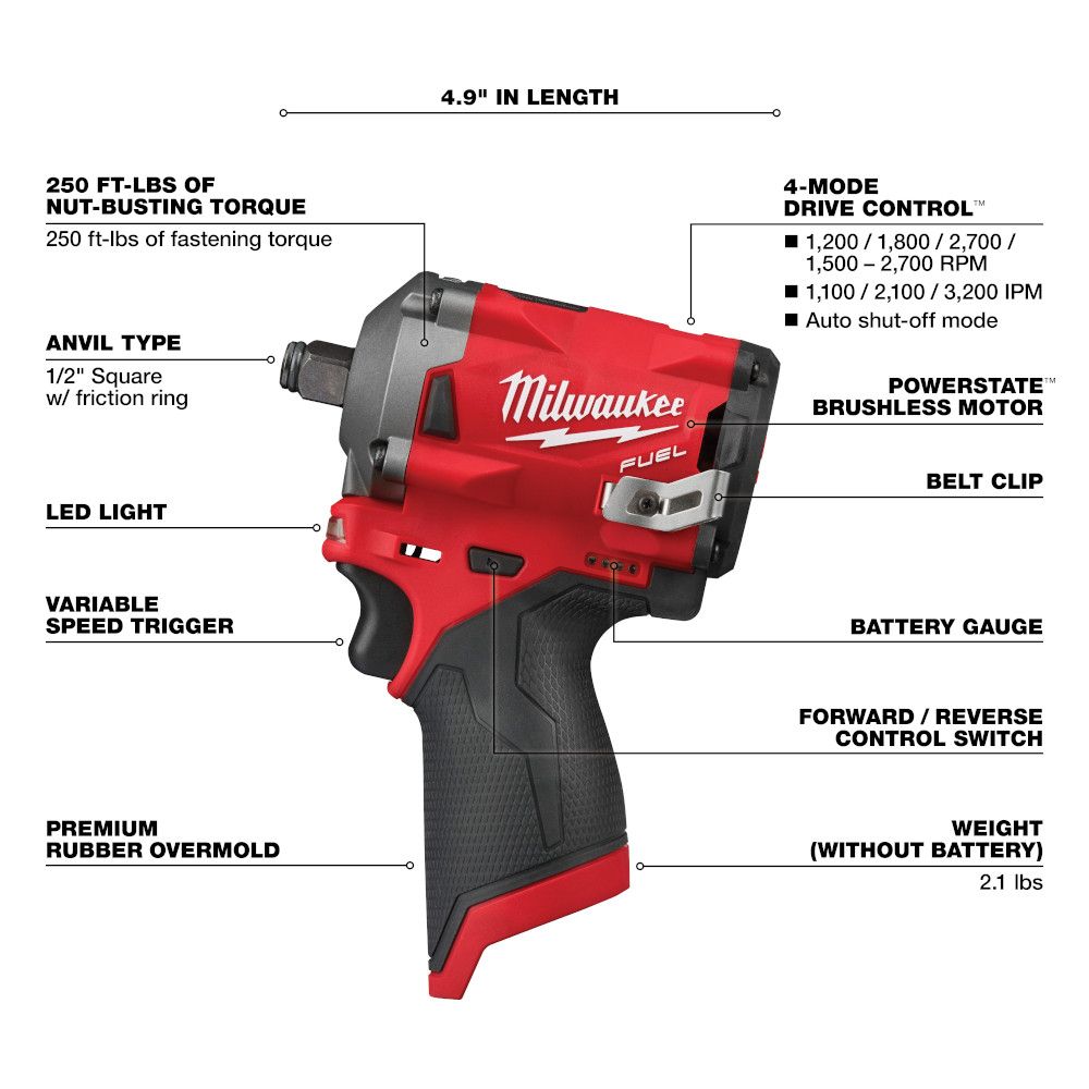 Milwaukee M12 FUEL 12 Volt Lithium-Ion Brushless Cordless Stubby 1/2 in. Impact Wrench - Tool Only