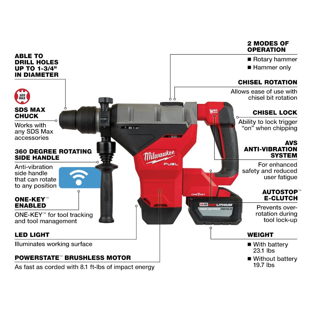 Milwaukee M18 FUEL 18 Volt Lithium-Ion Brushless Cordless 1-3/4 in. SDS MAX Rotary Hammer with One Key Kit