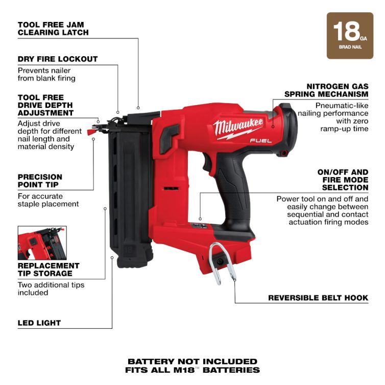 Milwaukee M18 FUEL 18 Volt Lithium-Ion Brushless Cordless 18 Gauge Brad Nailer - Tool Only