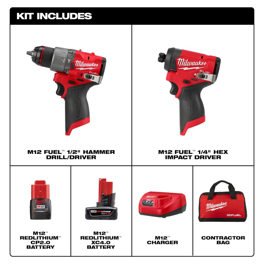 Milwaukee M12 FUEL 2pc Subcompact Impact Driver/Hammer Drill Combo Kit