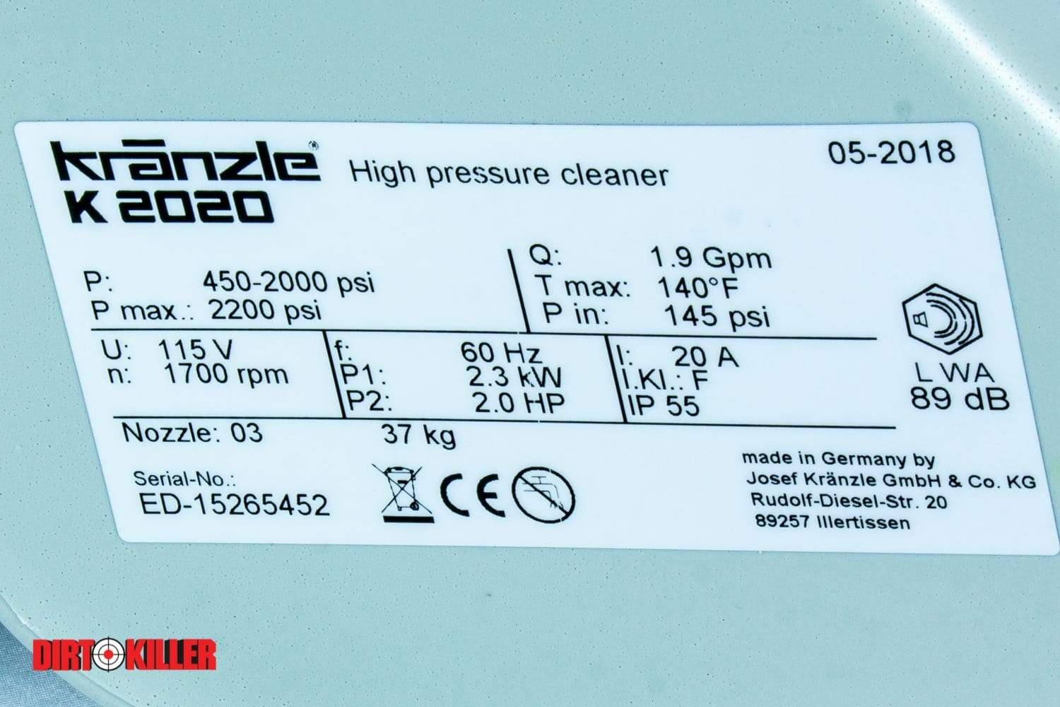 Kranzle Equipment Kränzle K2020 2000 PSI 2.0 GPM Electric Pressure Washer - Special Order ***