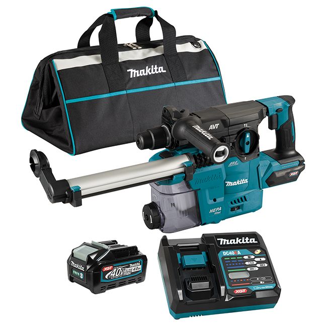 Makita 40V MAX XGT Brushless Cordless 1-3/16" SDS-PLUS Rotary Hammer w/ DX10 Dust Extraction Attachment, AVT, AFT, AWS & XPT (4.0 Ah)