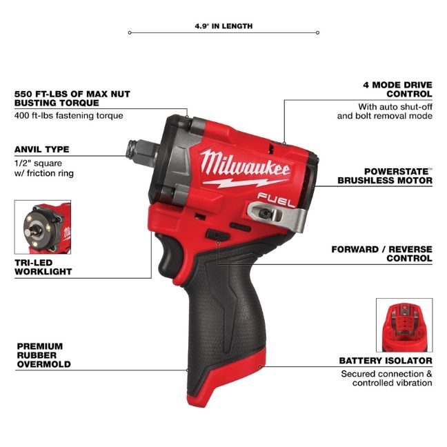 Milwaukee M12 FUEL Stubby 3/8" Impact Wrench - Tool Only