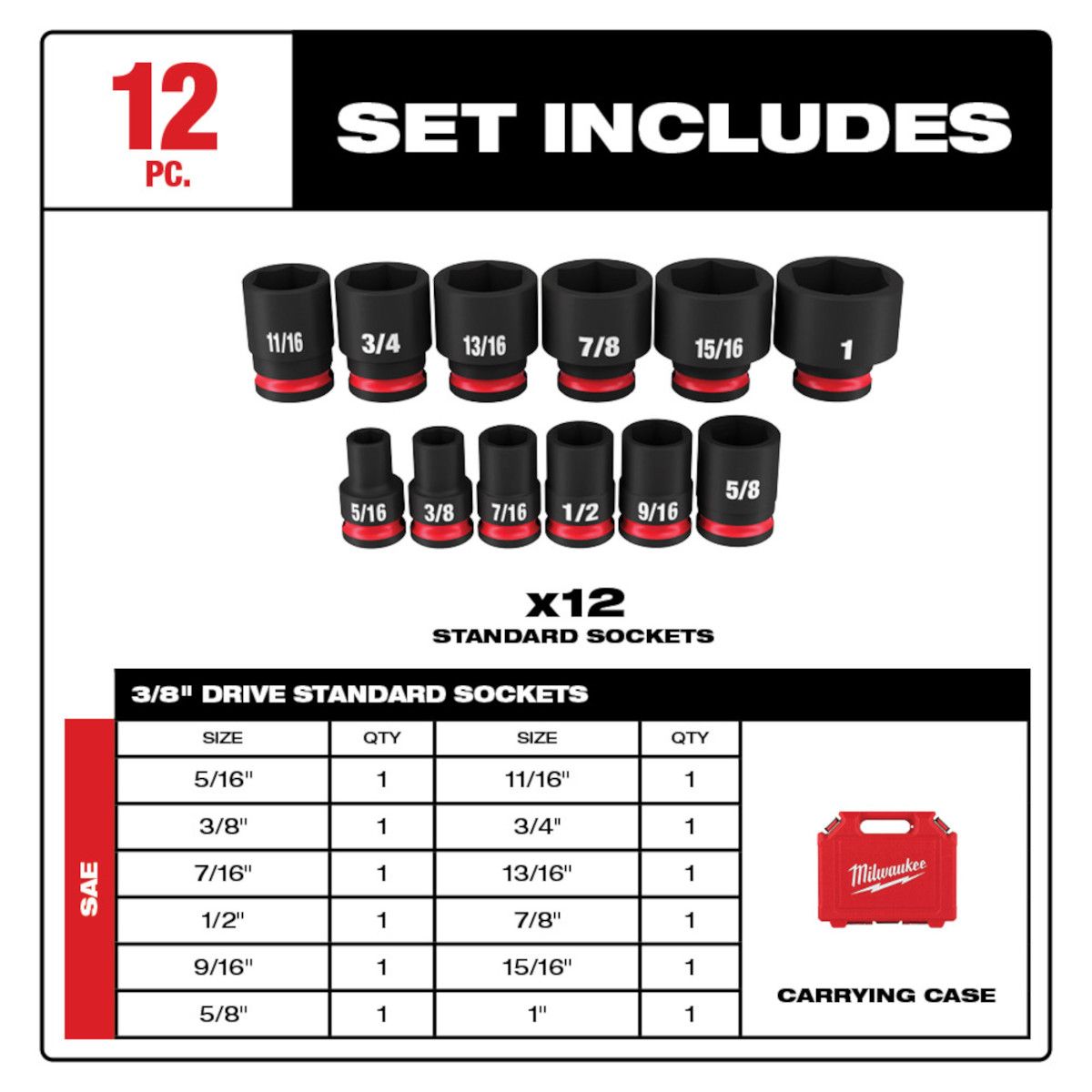 Milwaukee 12pc SHOCKWAVE Impact Duty 3/8" Drive SAE Standard 6 Point Socket Set