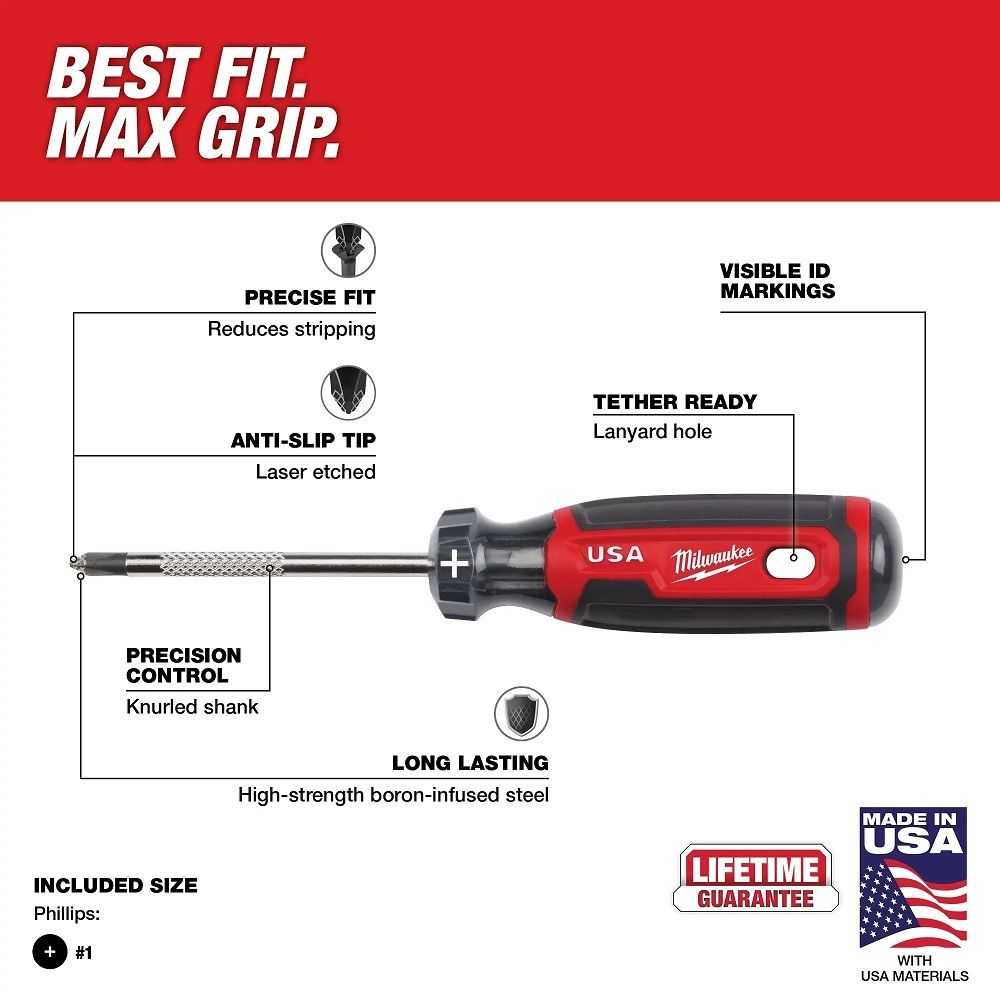 Milwaukee #2 Phillips 4" Cushion Grip Screwdriver (USA)
