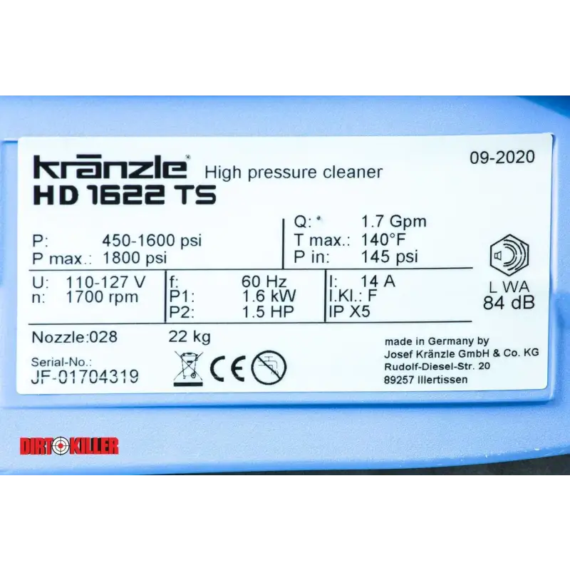 Kranzle Wash Equipment Kranzle Electric Pressure Washer K1622TS 1600 PSI 1.7 GPM