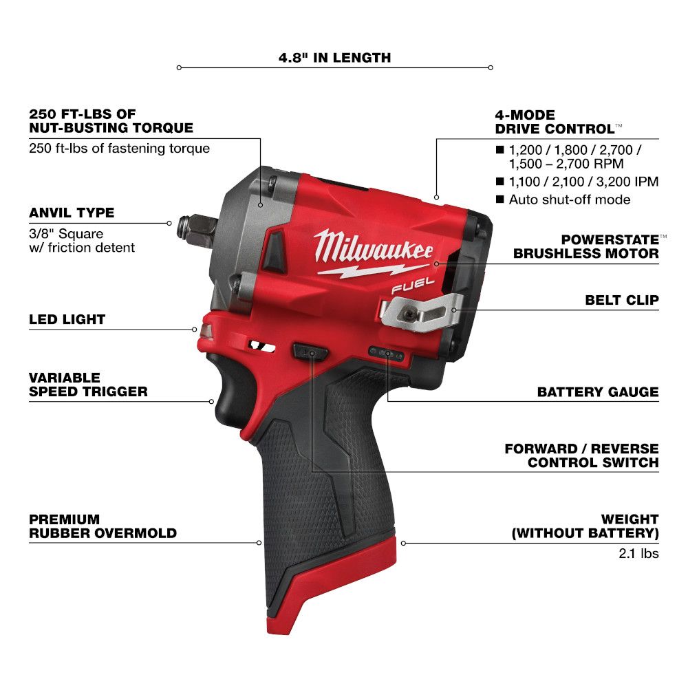 Milwaukee M12 FUEL 12 Volt Lithium-Ion Brushless Cordless Stubby 1/4 in. Impact Wrench - Tool Only