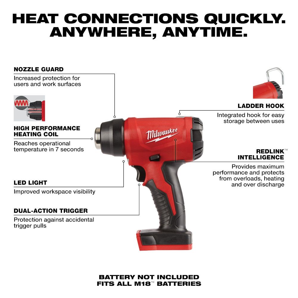 Milwaukee M18 18 Volt Lithium-Ion Cordless Compact Heat Gun - Tool Only