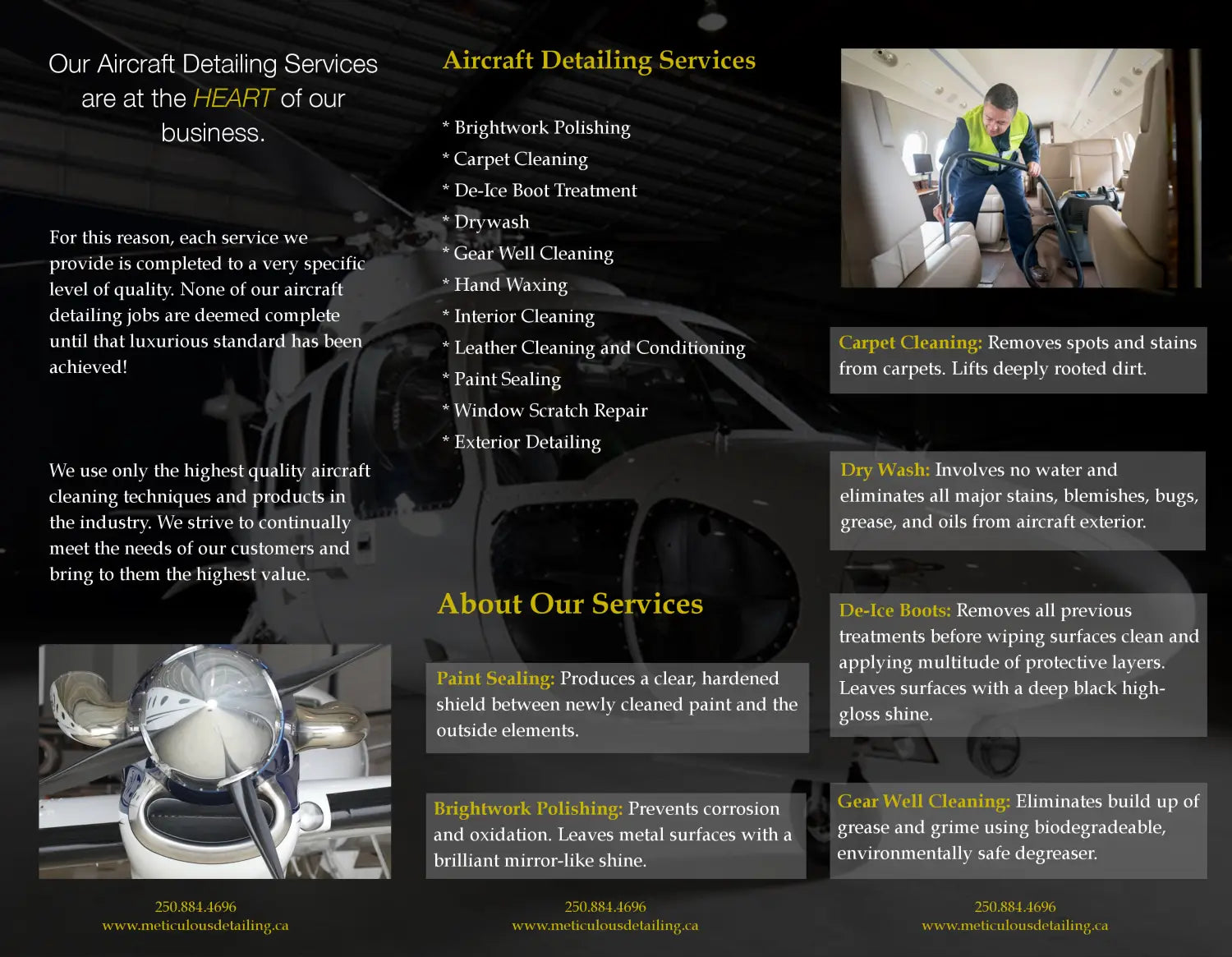 Black and gold tri-fold interior of brochure about Meticulous Detailing's aviation serivces.