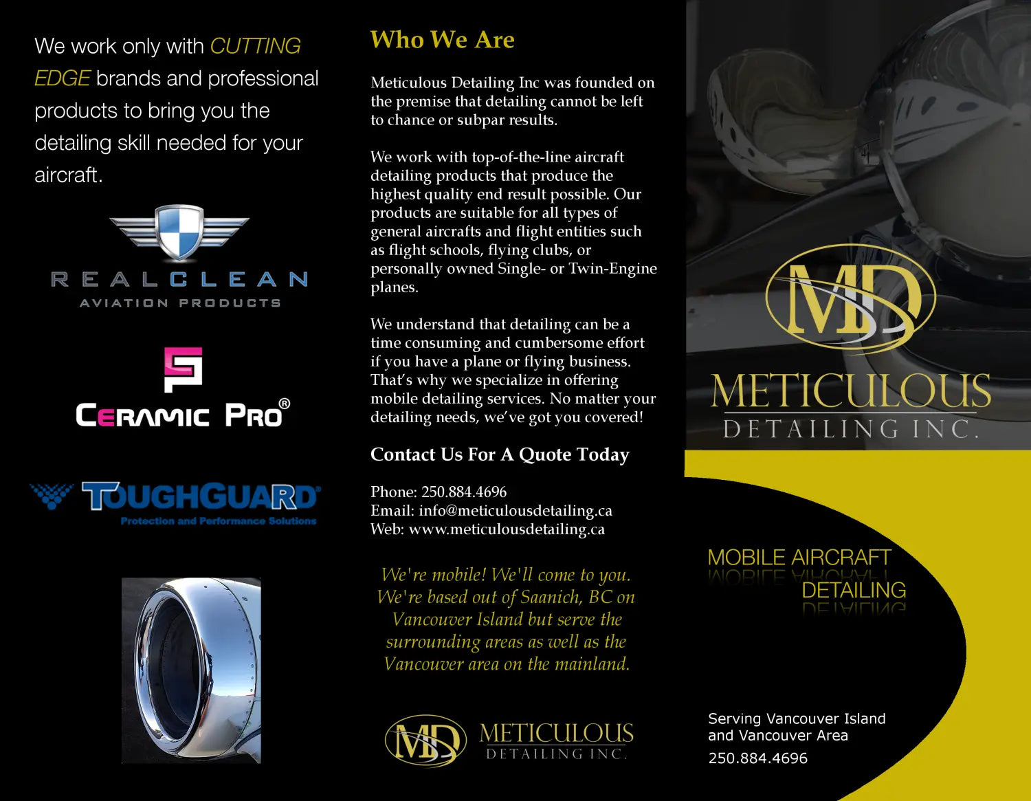 Black and gold tri-fold brochure with info about Meticulous Detailing's aviation services.