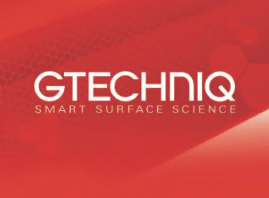 Logo for Gtechniq which is written in white letters across a red background and has the subtitle Smart Surface Science.