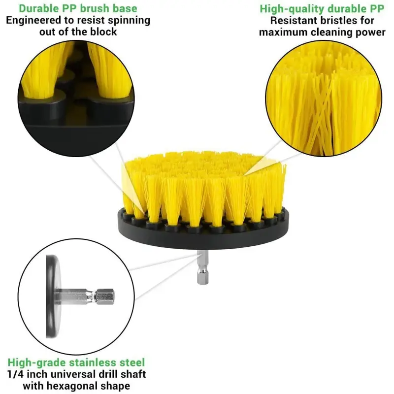 Drill Brush Accessory DRILL BRUSH KIT – YELLOW (2″ROUND, 4″ FLAT, 4″ BULLET) -** DRILL NOT INCLUDED**