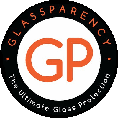 Logo for GlassParency. Black outer ring with orange letters GP in the middle. Along the black ring there are words that say GlassParency The Ultimate Glass Protection.