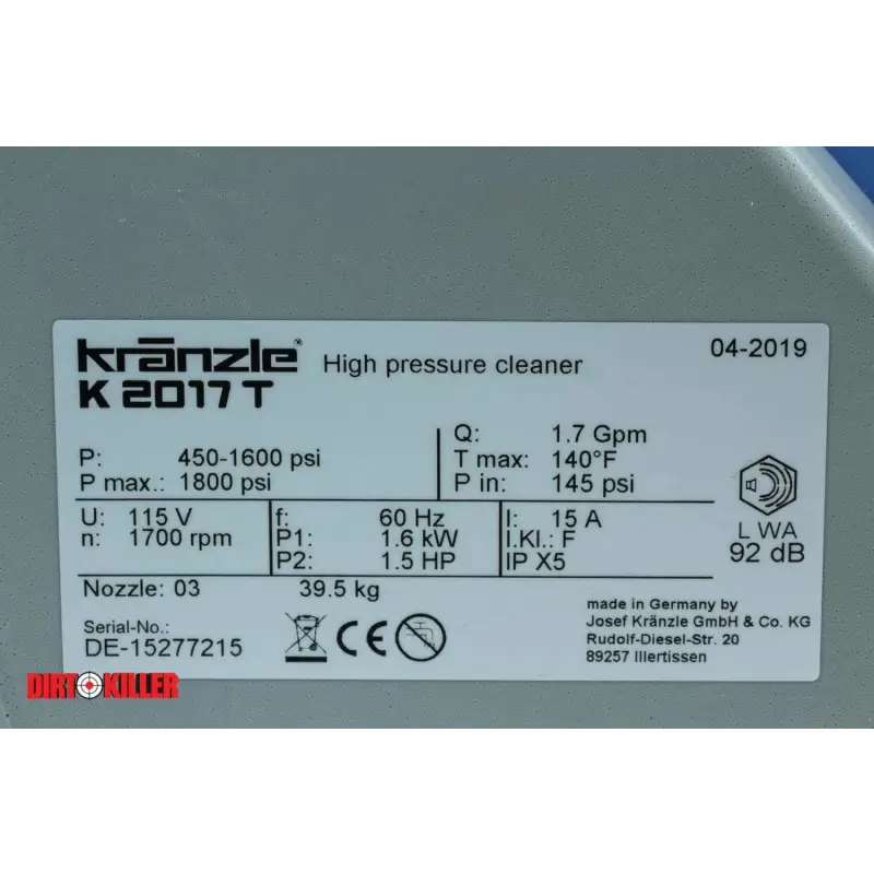 Kranzle Equipment Kränzle K2017T 1600 PSI 1.7 GPM Electric Pressure Washer - Special Order ***